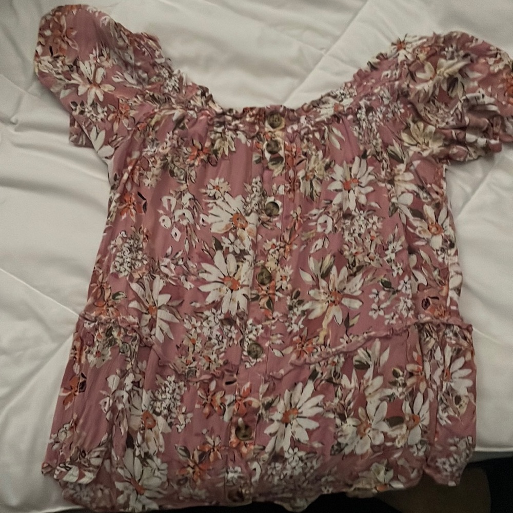 Pink shirt with orange and white flowers. Fancy shirt.